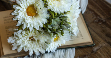 Flowers leaning across a book