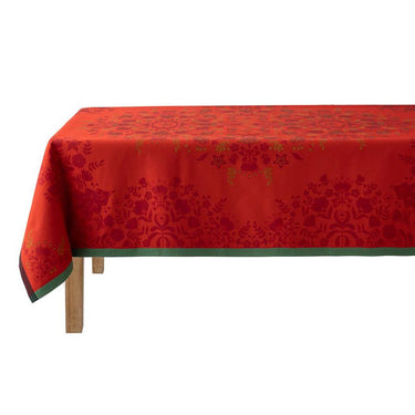 Red floral-patterned tablecloth on a wooden table with a white background