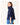 Woman wearing a navy blue jacket and blue jeans on a white background