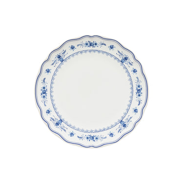 White plate with blue floral patterns on a white background