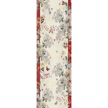 Garnier-Thiebaut ‘Vintage Flowers Cranberry’ table runner all-over pattern features butterflies dancing around delicate florals