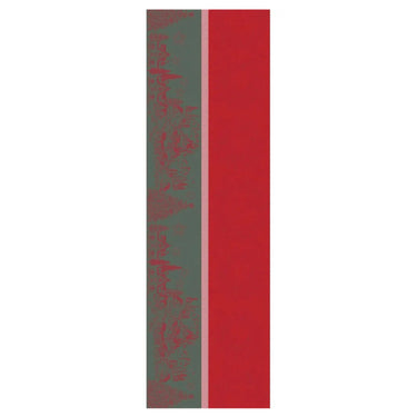 Noel Magique Houx Table Runner 21”x91”. The red side features wreaths and stars, the green side features a gingerbread village scene