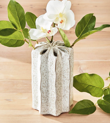 tag - Flower Frog Vase White Stoneware shown with flowers and foliage