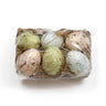 A set of 6 decorative Easter eggs in a package, featuring hues of pink, blue, and green with a gold finish.