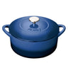 Blue cast iron cookware pot with a white knob on a white background