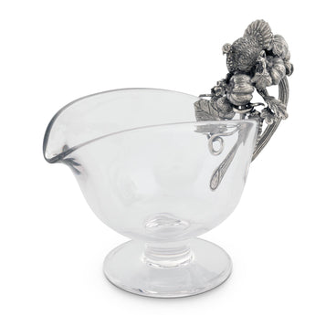 Hand Blown Glass Gravy Boat with Pewter Harvest Turkey