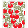 Patterned towel with red tomatoes and green leaves on a white background