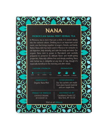 Nana Moroccan Nana Mint Herbal Tea packaging with decorative border