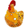 Hen Figurine 7" Yellow Theme. Yellow feathered chicken with yellow and white spotted kerchief tied around neck. Red comb and wattle turned slightly left