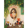 Illustration of a woman sitting in a chair surrounded by chickens and fruit, with 'Yours Truly' text above.