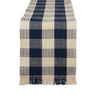 Navy and beige checkered scarf with fringes on a white background