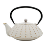 White teapot with black handle and textured surface on a white background