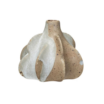 Round organic form vase with white glazing over tan stoneware base