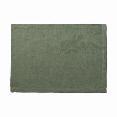 Green textured placemat with floral pattern on a white background