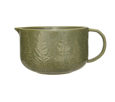 Green stoneware batter bowl debossed with tree motif