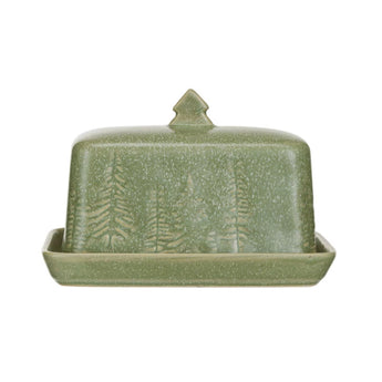 Green stoneware butter dish debossed with tree motif. Lid has a geometric pine tree handle