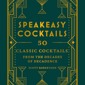 Book cover is a muted teal color with a gold Art Deco geometric design with martini glasses interwoven into the design.