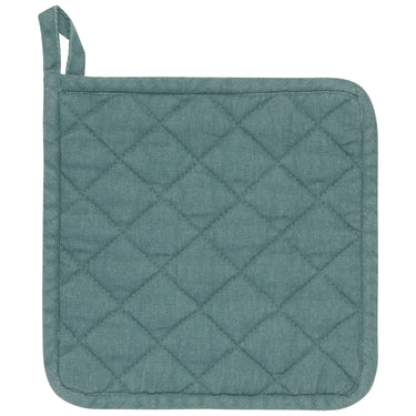 Teal quilted pot holder on a white background