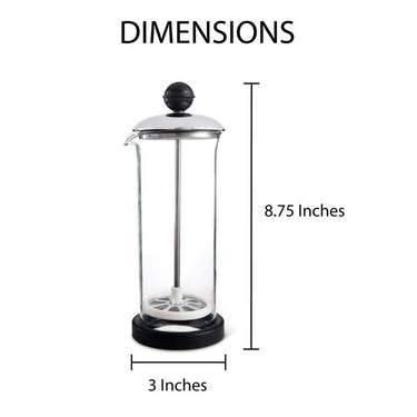 Measurement chart of a French press coffee maker with dimensions labeled.