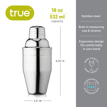 Stainless steel cocktail shaker with measurements and features on a white background