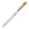 Serrated bread knife with wooden handle on a white background
