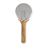 Pizza cutter with wooden handle and metal blade on a white background