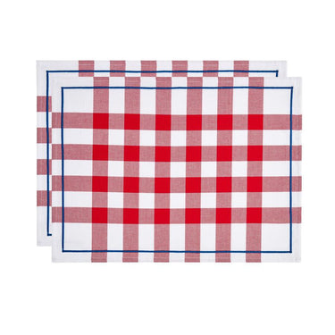 Two red and white checkered placemats with a blue border on a white background.