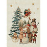 Vintage-style Christmas scene with children, snowmen, and a tree on a textured background.