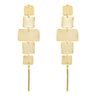 A pair of gold geometric dangle earrings with stacked rectangular and square plates connected by small gold rings, hanging from thin gold wires on a plain white background.