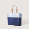 Dark blue and light blue tote with light leather handles