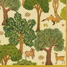 A square fabric or wallpaper swatch featuring a woodland pattern with green trees, brown deer, and a beige background with a subtle polka dot texture.