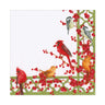 Caspari Birds and Berries luncheon napkin featuring songbirds sitting amongst and feasting on red winter berries along a green trefoil border.
