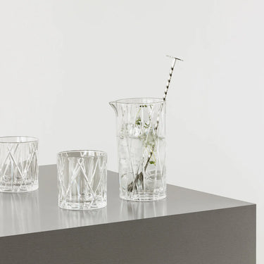 Orrefors Mixing Glass with Spoon detail shown with two City Old Fashioned glasses