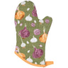 Aromatics Oven Mitt features onions, garlic and shallots against a green background.