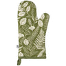 Fern & Frond Oven Mitt features white botanical print against a green background 