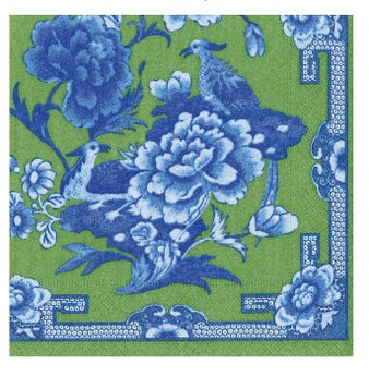 Green and blue paper dinner napkins featuring flowers and birds