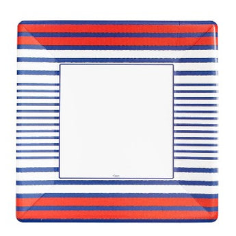 White square dinner plate with blue and red stripes