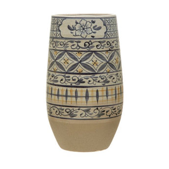 Hand painted vase with floral designs in soft shades of blue, yellow, and cream