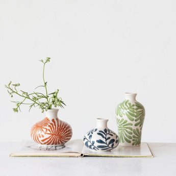 Hand Painted Stoneware Vase, Orange and White Vase, Blue and White Vase, and Green and White Vase