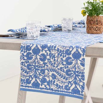 Pomegranate Cactus Flower Blue Block Print Table Runner