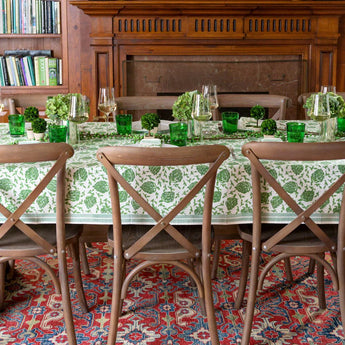 Pomegranate Dancing Artichoke Green and White Tablecloth