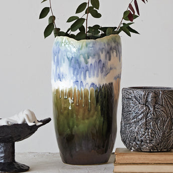 Blue, Green, White, and Neutral Tall Ceramic Vase