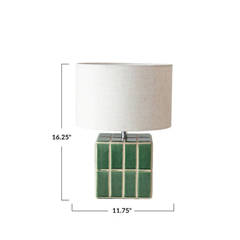 Green ceramic tile lamp with natural linen shade measurements.