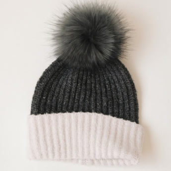 Charcoal & Beige beanie with feather poof