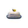 Blue and cream butter dish with yellow lemon knob.