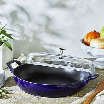 Dark Blue Staub Cast Iron Braiser with Glass Lid