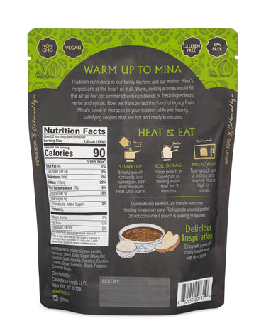 Back view of a Mina food package with text and nutrition facts.