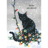 Black cat surrounded by colorful Christmas lights with 'Merry and Bright!' text on a snowy background