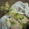 Artificial greenery and white flowers on an open book with a soft white fabric background