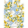 Yellow blue tile lemons green leaves tea towel